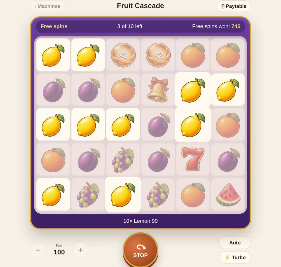 Free spins: the spins left are shown at the top, and orbs are added up after the tumbles finish.