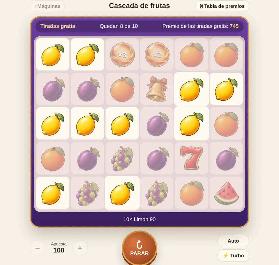 Tiradas gratis: las tiradas que quedan aparecen arriba, y los orbes se suman cuando terminan las cascadas.