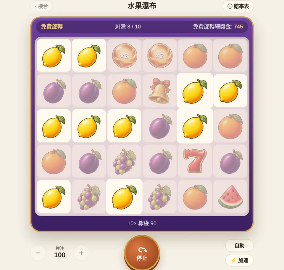 免費旋轉:上方顯示剩幾次,倍數球會在連消結束後一起結算。