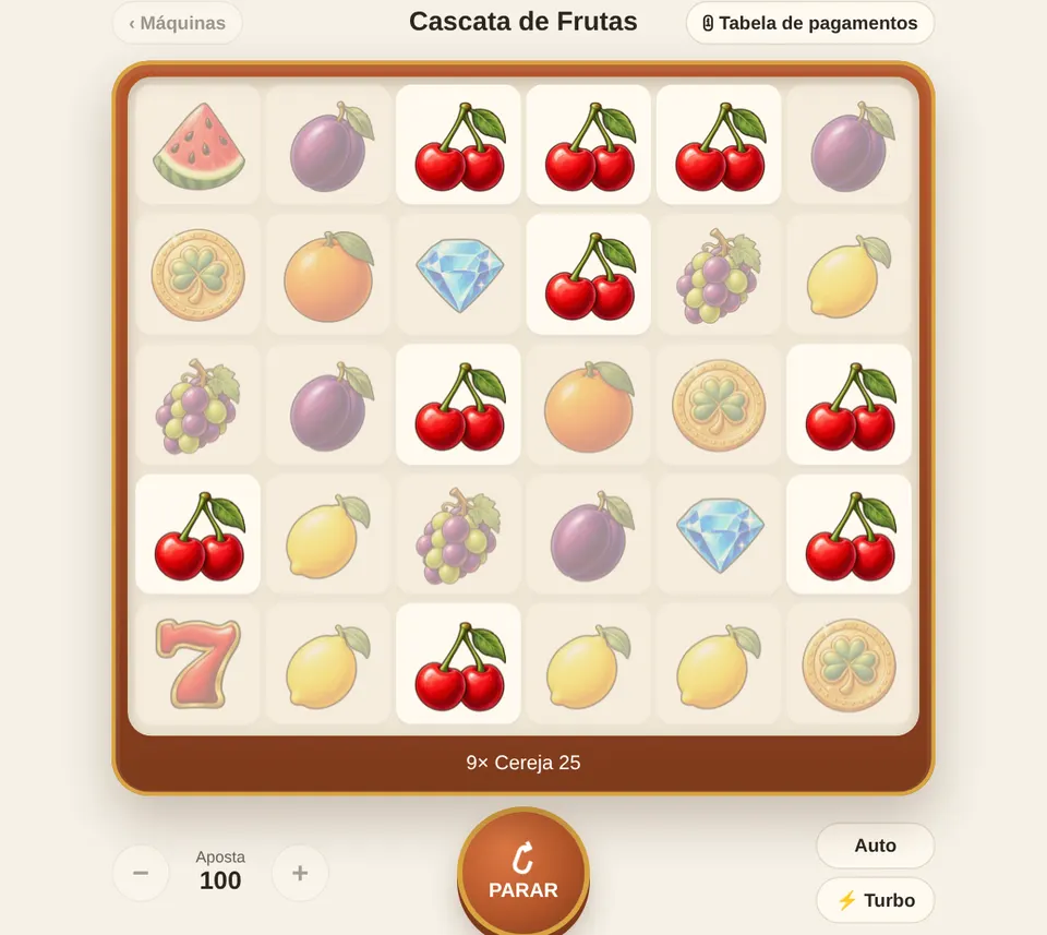 Cascata de Frutas: os símbolos vencedores se acendem e depois somem.