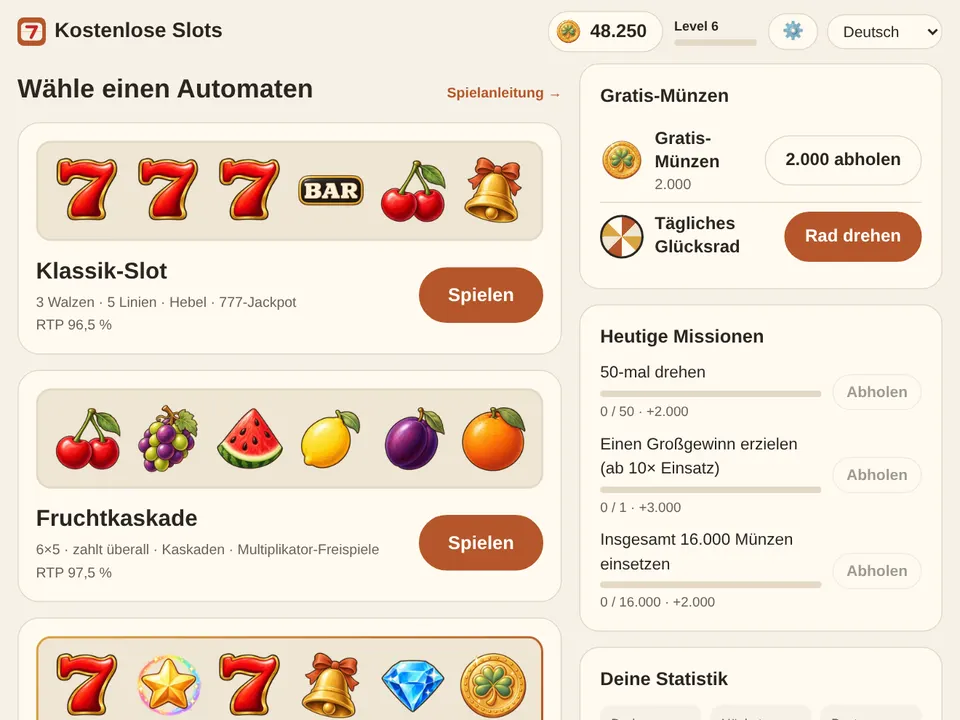 Die Lobby: oben Münzen und Level, in der Mitte die Automaten, darunter Gratis-Münzen und die heutigen Missionen.