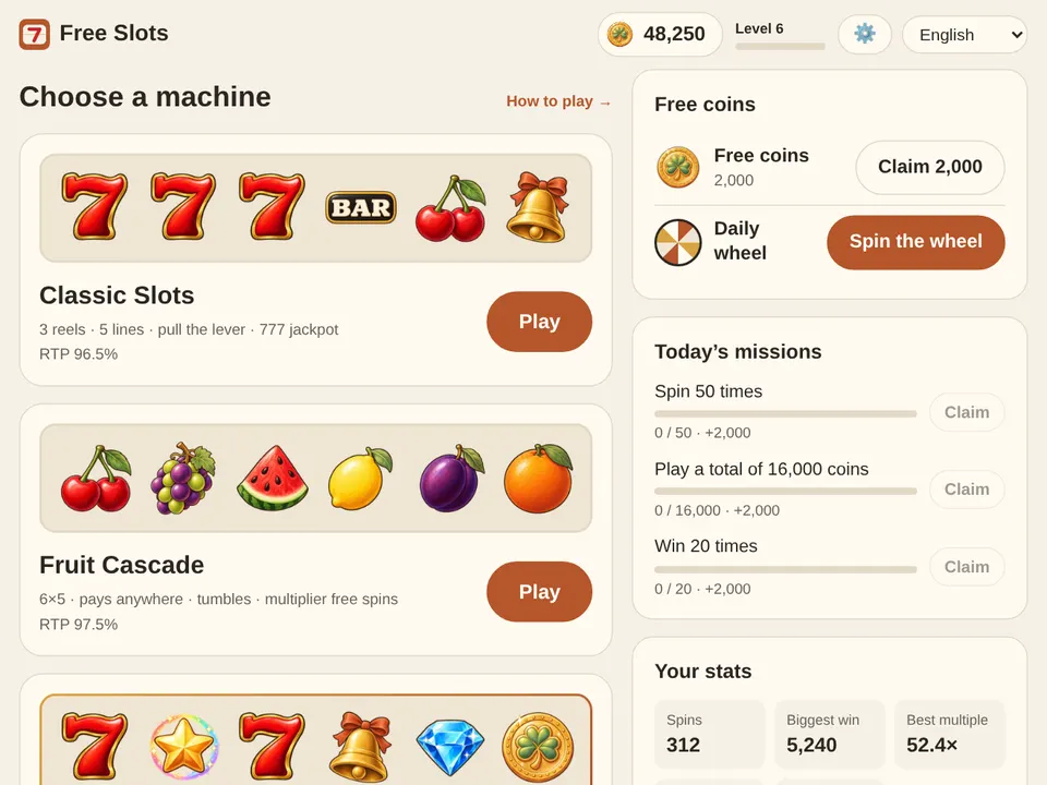 The lobby: coins and level at the top, the machines in the middle, free coins and today’s missions below.