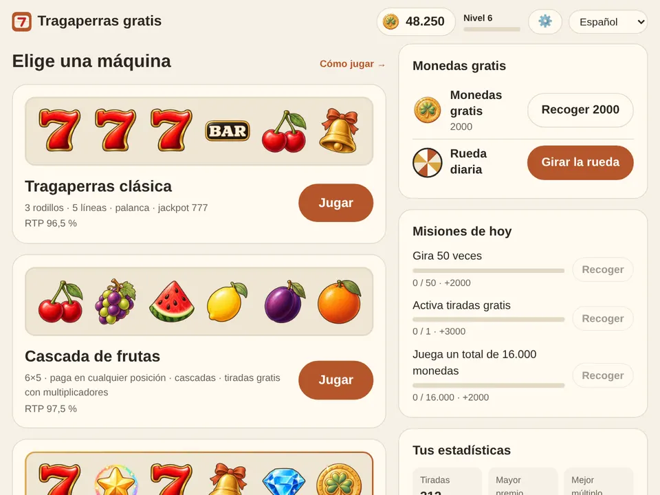 La sala principal: monedas y nivel arriba, las máquinas en el centro, monedas gratis y misiones de hoy debajo.