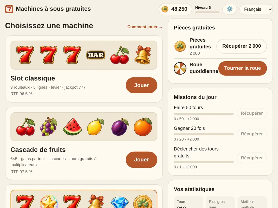 Le lobby : pièces et niveau en haut, les machines au milieu, pièces gratuites et missions du jour en dessous.