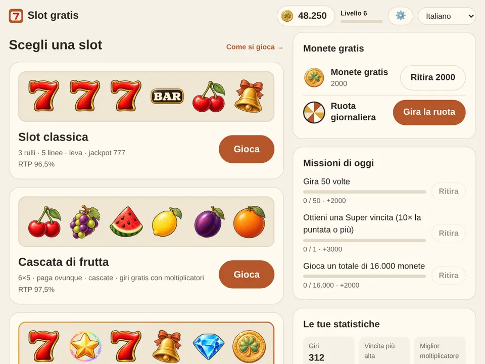 La lobby: monete e livello in alto, le slot al centro, monete gratis e missioni di oggi in basso.