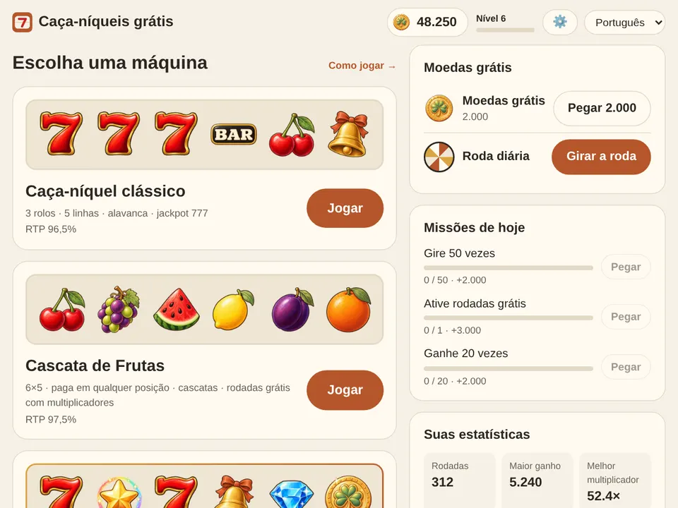 O lobby: moedas e nível no topo, as máquinas no meio, moedas grátis e missões de hoje embaixo.