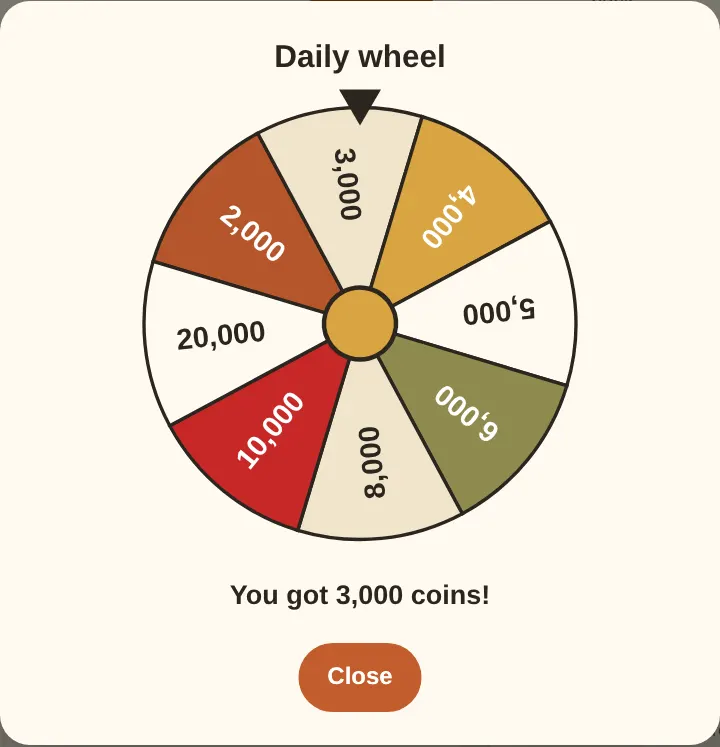 The daily wheel: one spin a day, and the coins go straight into your balance.
