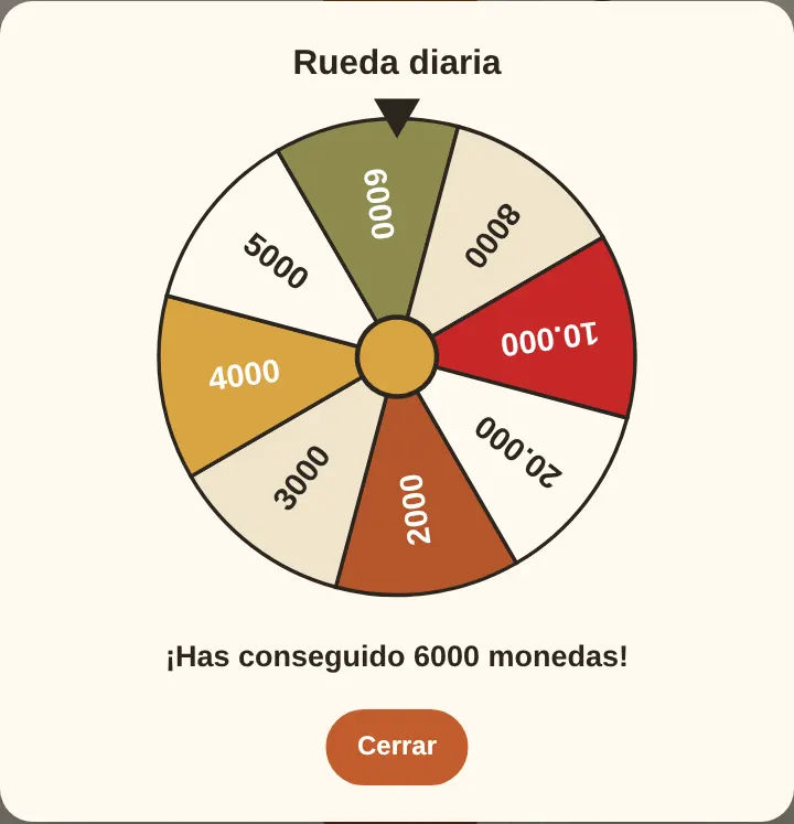 La rueda diaria: un giro al día, y las monedas van directas a tu saldo.