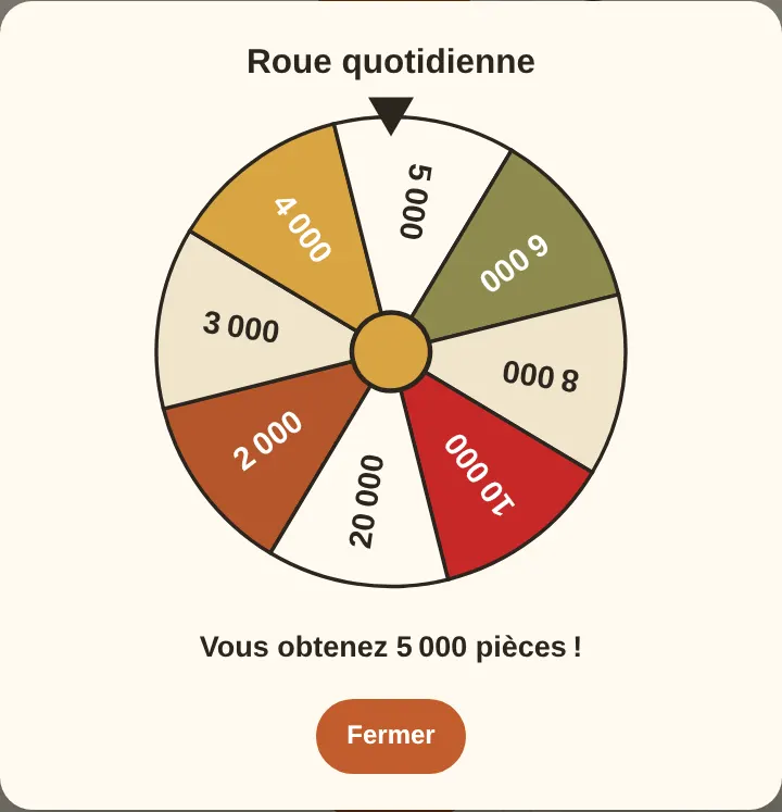 La roue quotidienne : un tour par jour, et les pièces vont directement sur votre solde.