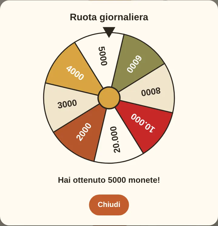La ruota giornaliera: un giro al giorno, e le monete finiscono subito nel tuo saldo.