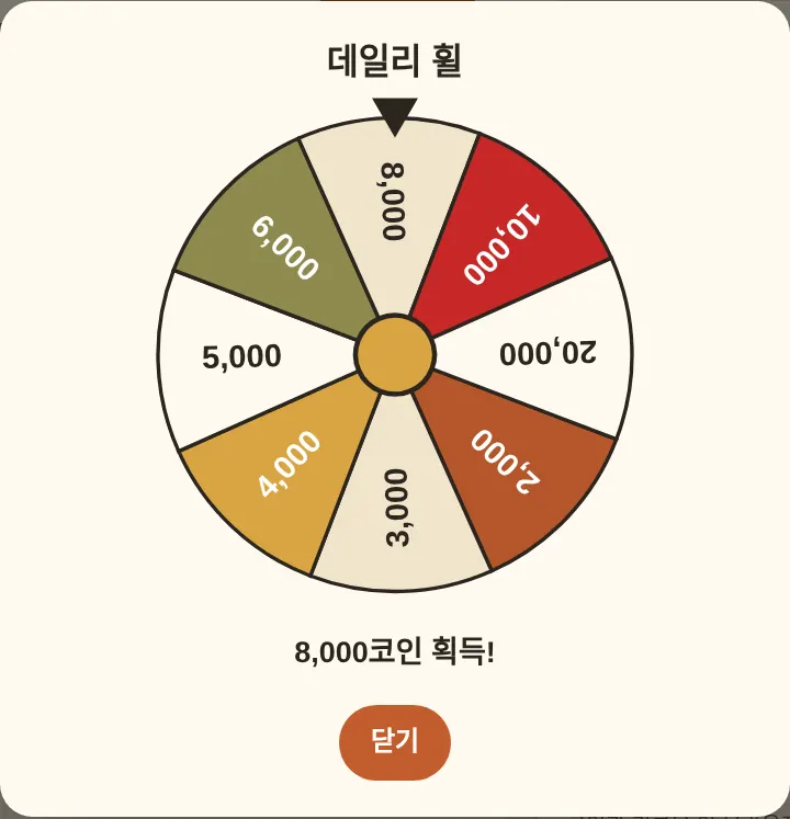 데일리 휠: 하루에 한 번, 코인은 바로 잔액에 들어가요.