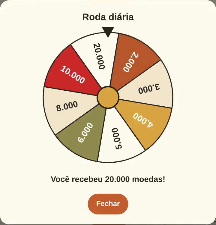 A roda diária: um giro por dia, e as moedas vão direto para o seu saldo.