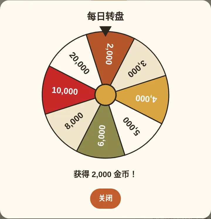 每日转盘:一天转一次,金币直接加进余额。